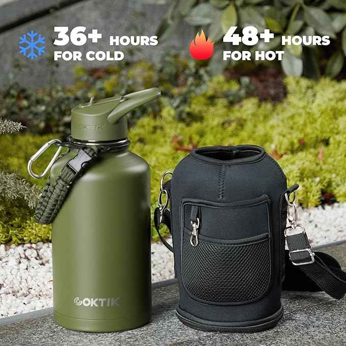 Half Gallon Insulated Water Bottle, 64 oz Triple Wall Stainless Steel Flask,Cold for 48 Hrs Leak-Proof & BPA-Free Jug with Paracord Handle, Straw & Spout Lids(2 pack, Army Green)
