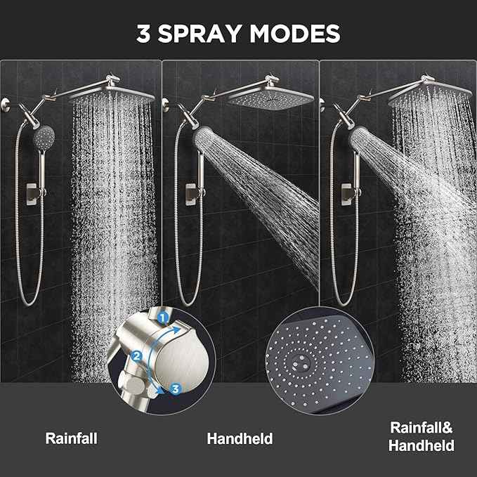 Veken 11.8" Rain Shower Head with Handheld, High Pressure Handheld Shower Heads with Multi Spray Modes,Rainfall Combo with 15" Metal Extension Arm,Detachable Dual Shower,Long 6 ft. Hose,Brushed Nickel