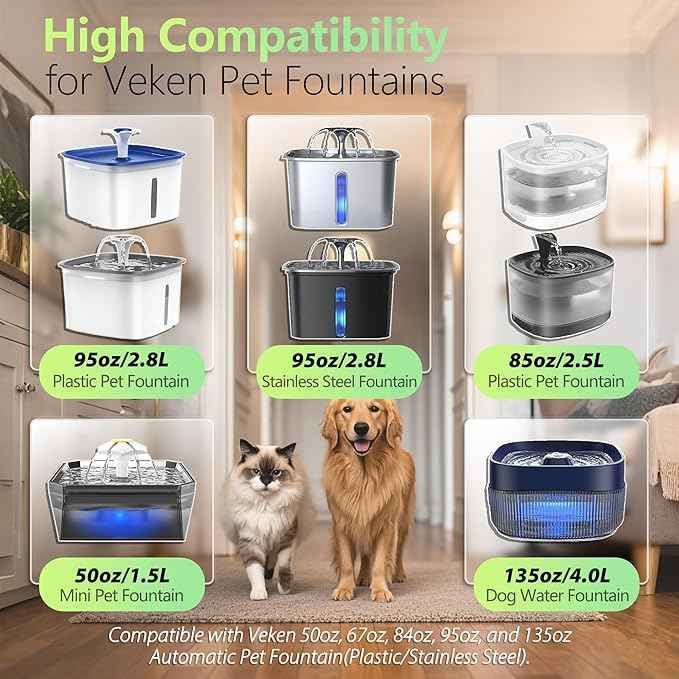 12+12 Pack Pet Fountain Replacement Filters Compatible with Veken 67oz 84oz 95oz 135oz Plastic Stainless Steel Pet Water Dispenser, Cat Water Fountain Filters for Dog Cat with Foam Filter