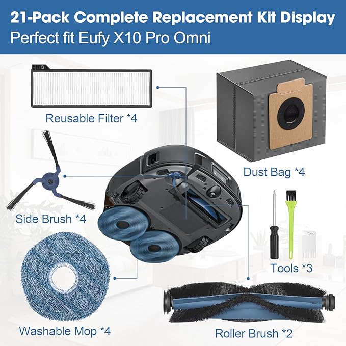21-Pack X10 Pro Omni Replacement Accessories Kit Compatible with Eufy X10 Pro Omni Robot Vacuum Cleaner Includes Main Brushes, Filters, Dust Bags, Mop Pads, Side Brushes, Cleaning Tools - AquaVibe
