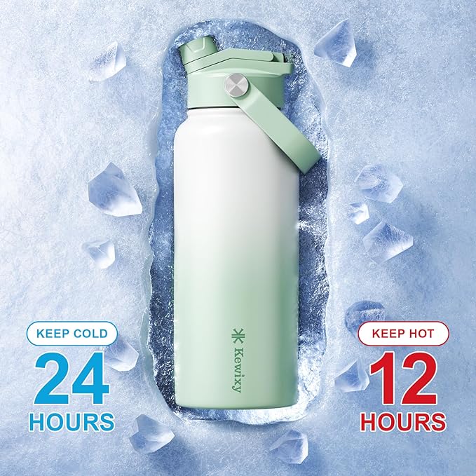 KEWIXY 32 oz Insulated Water Bottle, 2-in-1 Lid, Straw & Spout with Protected, Leak Proof, Keep Cold, Stainless Steel, Metal, Reusable, Handle, for Outdoor, Gym and School, 2 Lids, Iced Mint