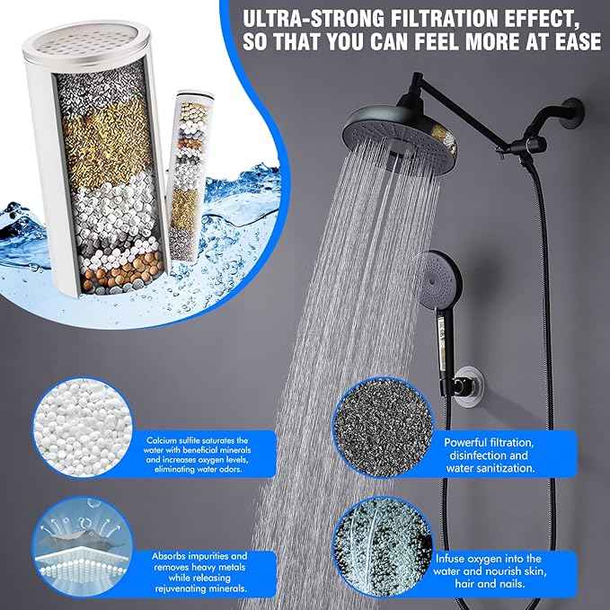 Dual Filtered Shower Head, 8 Inch 3 Spray Mode High Pressure Rainfall Showerhead with Handheld Combo, 10 Inch Adjustable Extension Arm and 60" Hose, Shower Head Filter for Hard Water, Black