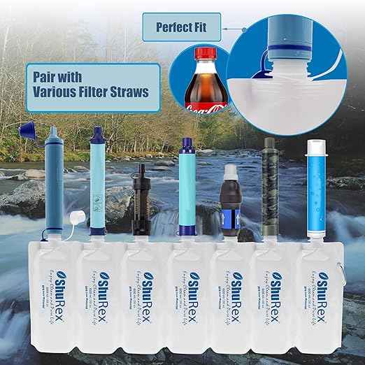 4 Pack 20oz/ 600ml Collapsible Water Pouch for Sawyer Squeeze Mini Water Filtration System, Compatible with Membrane Solutions and Other Water Filter Straw; Foldable Water Bottle, Reusable, BPA-Free