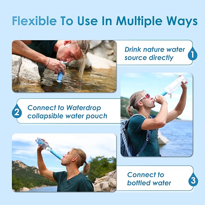 Waterdrop Water Filter Straw 3 Pack with Gravity Water Bag, Gravity Water Filtration System, Water Purifier Survival for Travel, Backpacking, 1.5 gal Bag, 0.1 Micron, 5 Stage Filtration
