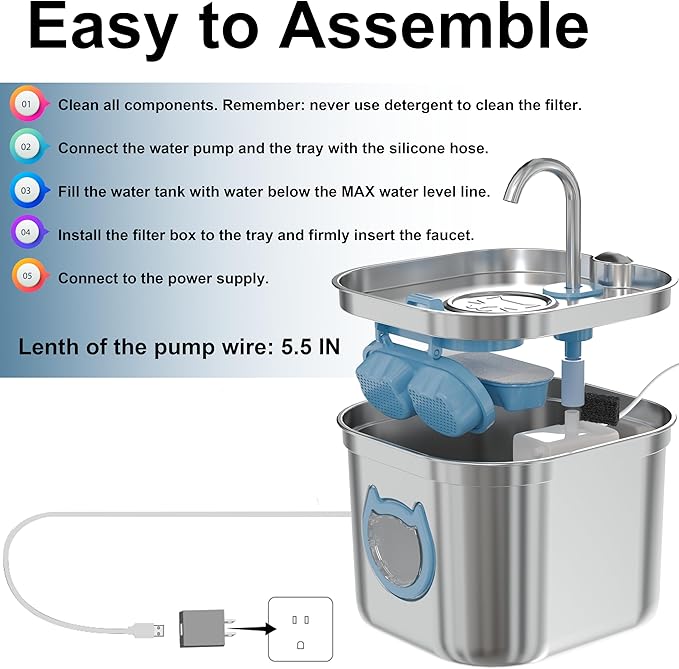 Luxury Automatic Cat Water Fountain for Pets, 2.2L/74oz Stainless Steel Dog Water Dispenser with Filter, BPA Free & Silent, Featuring LED Light, Easy Clean & Cat View Window