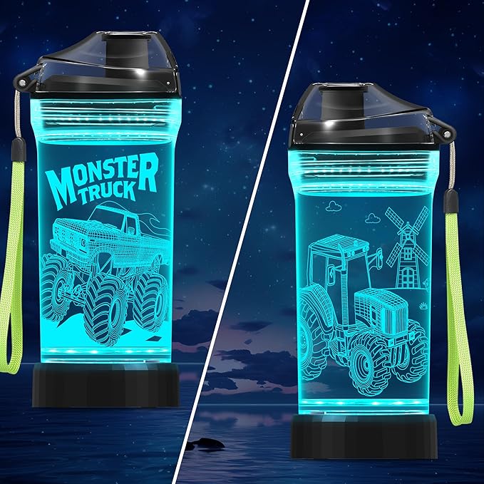 Lightzz Kids Water Bottle, Glow in The Dark Monster Truck & Tractor Water Bottle, Gifts for Boys Back to School Birthday Christmas Holiday