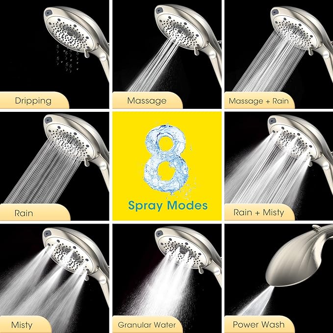 FASDUNT Filtered Shower Head with Handheld, 8-Mode Handheld Showerhead with Filters for Hard Water -Remove Chlorine, Built-in Power Wash, 80" Extra Long Stainless Steel Hose, Brushed Nickel