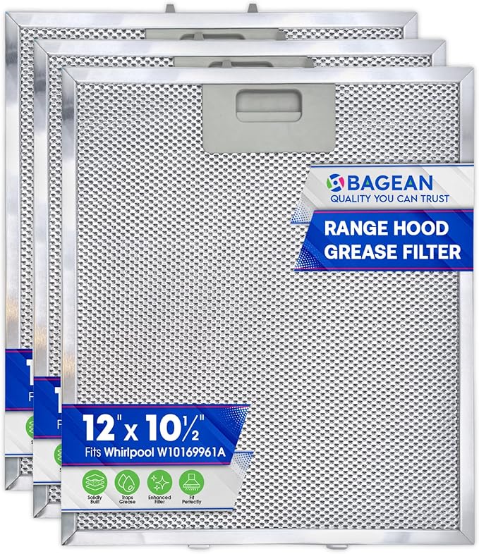 Bagean Range Hood Filter Replacement 12" x 10.5" W10169961A Compatible with Whirlpool Stove Hood Vent Filter - Aluminum Screen for Kitchen Overhead Exhaust Fan Blocks Grease & Filters Oven Air (3-Pk) - AquaVibe