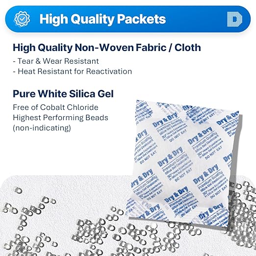 Dry & Dry 100 Gram [10 Packets] Silica Gel Packets Desiccants, Silica Packets - Rechargeable Silica Gel Packs, Desiccants Packets, Silica Gel