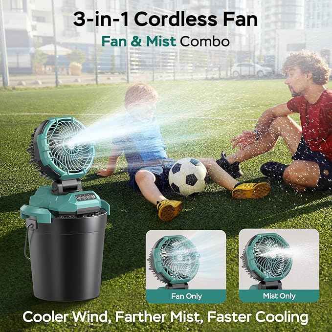 Portable Misting Fan for Outdoors Patios - 30000mAh Rechargeable Battery Powered Camping Fan, 4 Spray Mister with Timer, Fits 10-13" Bucket, 4 Speed, 90° Auto Oscillation for Garden Sports Travel Golf