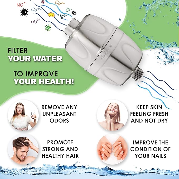 Aqua Elegante Shower Water Filter For Showerhead - Home Shower Head Filters To Remove Chlorine + Hard Minerals - Purifier And Filtered Softener System Best With Activated Charcoal - Brushed Nickel