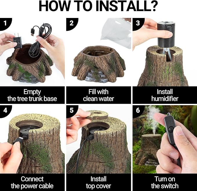 REPTIZOO Reptile Humidifier Fogger, Tree Trunk Humidifier with Top Mist Outlet, 1000ml Detachable Terrarium Humidifier Reptile Misting System Terrarium Decoration