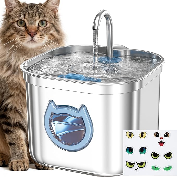 Luxury Automatic Cat Water Fountain for Pets, 2.2L/74oz Stainless Steel Dog Water Dispenser with Filter, BPA Free & Silent, Featuring LED Light, Easy Clean & Cat View Window