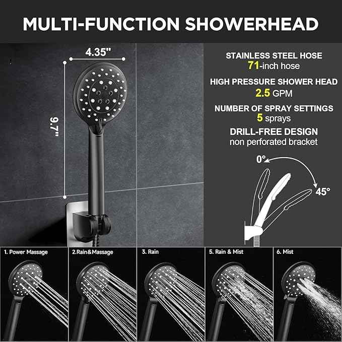 Veken 11.8" Rain Shower Head with Handheld, Family's Choice Award, High Pressure Handheld Shower Heads with Multi Spray Modes, Rainfall Combo with Extension Arm,Detachable Dual Shower, Matte Black