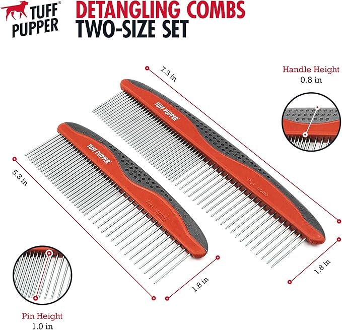 Tuff Pupper Dog Grooming Comb Set | Easily & Safely Remove Dead, Matted Knotted Hair | Ergonomic Pet Detangling Combs | No-Slip Safety Handle For Precision Control | Rounded Tips Prevent Scratching - AquaVibe
