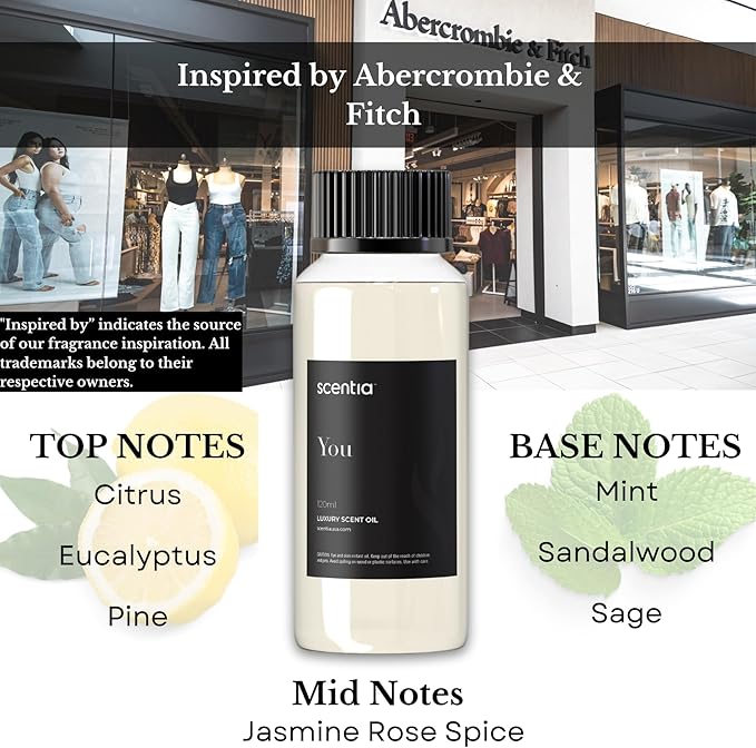 Fierce-Inspired Diffuser Oil - Scentia You Fragrance Oil Perfume Dupe - 120 mL, 4 Fl oz Diﬀusers - A and F Inspired. Natural Essential Scented Oil for Aromatherapy, SPA and Home, Mothers Day Gift