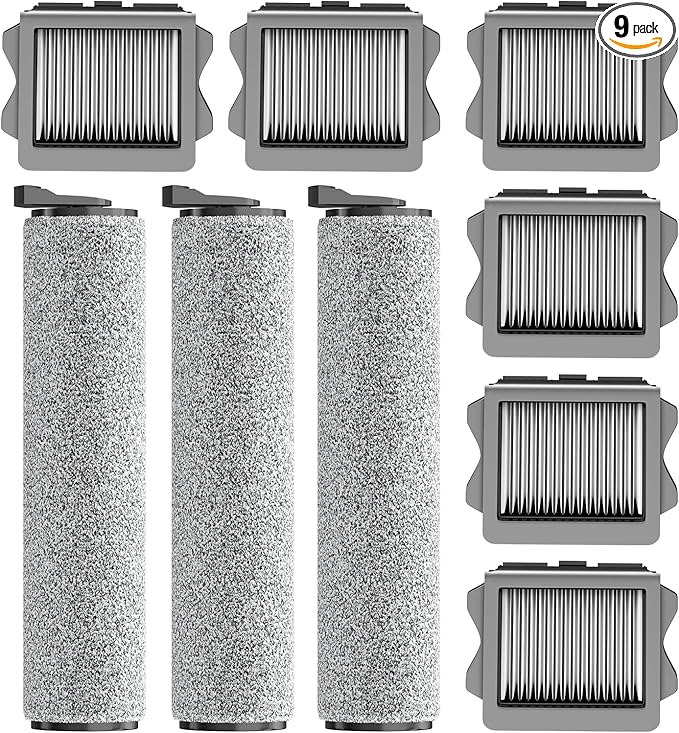 Vacuum Mop Replacement Parts Compatible with Tineco Roller Brush Replacement, Suitable with Ifloor 3 Series, Floor One S3 Series, Ifloor 5 Breeze Cleaner, Set Includes 3 Roller Brushes and 6 Filters - AquaVibe