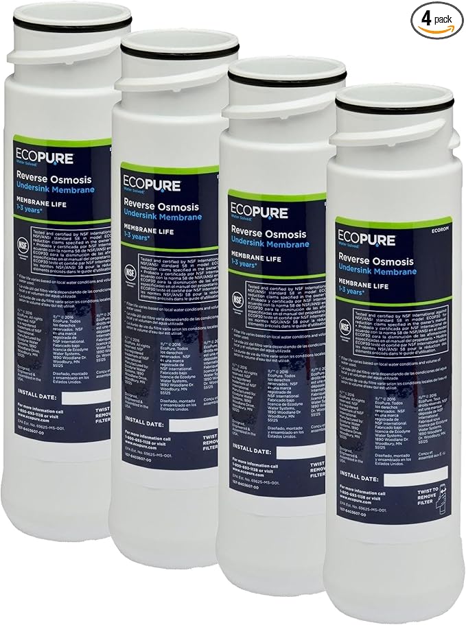 EcoPure ECOROM Reverse Osmosis Under Sink Replacement Water Membrane | NSF Certified | Fits Ecop30 System | 1-3-Year Filter Life, 0.9, White (Pack of 4)