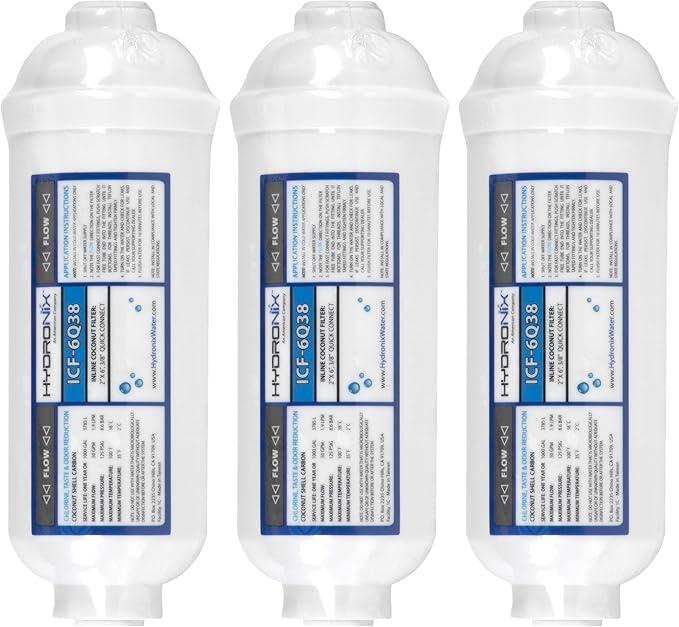 Hydronix HX-ICF-6Q38/3 Inline Post Reverse Osmosis, Fridge & Ice Coconut Gac Water Filter 2 x 6, 1000 Gal, 3/8 inch Qc - 3 Pack, White