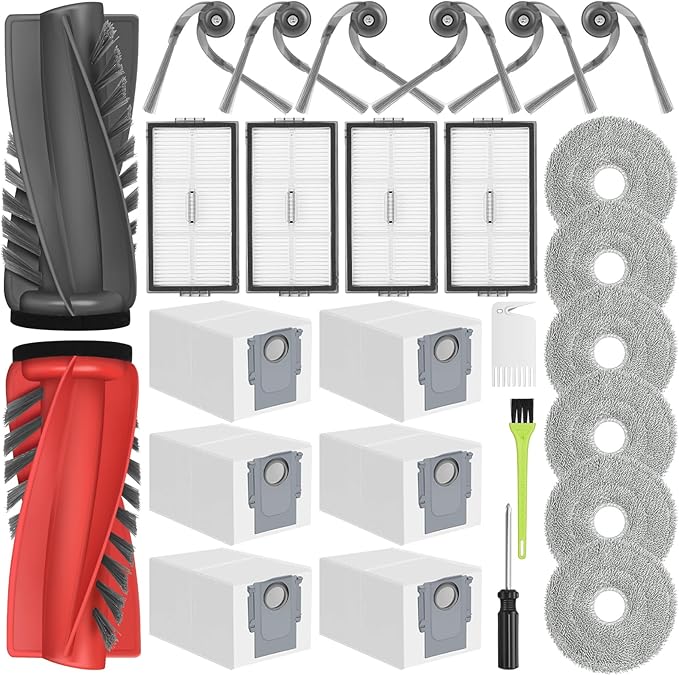 27PCS Replacement Accessories Kit for Roborock Saros 10R / Qrevo CurvX Vacuum Cleaner Includes 2 Main Brush, 4 HEPA Filters, 6 Mop Pads, 6 Dust Bags, 6 Side Brushes, 3 Cleaning Tools - AquaVibe