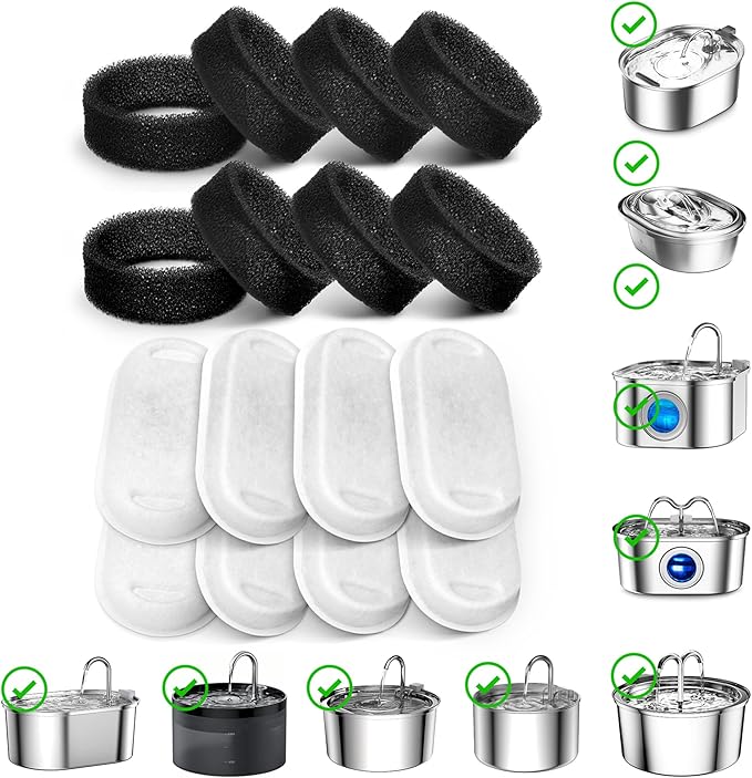 SOOFPET Cat Water Fountain Filters: 16 Pack Pet Fountain Filters, Replacement Filter for 67oz/2L&108oz/3.2L Stainless Steel Cat Fountains (8 Filters&8 Sponges)