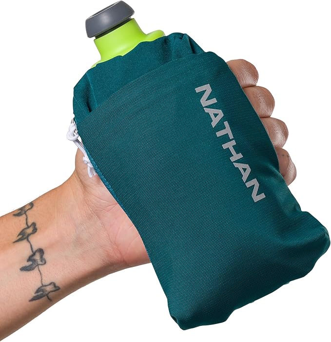Nathan SpeedDraw 2 Insulated Handheld Running Water Bottle Flask 18oz – Double-Wall Insulation, Ergonomic Grip, Blast Valve Cap, Phone & Key Storage Pockets, Reflective Design