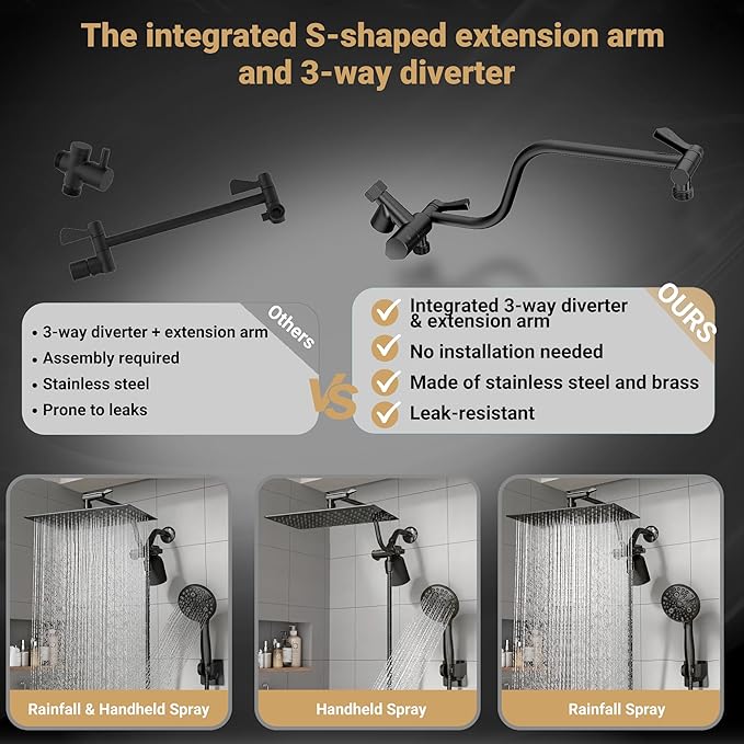 Filtered Shower Head with Handheld, 11.8" Rain Shower Head, High Pressure 10-Function Handheld Shower Head, with 13.6" Adjustable Shower Head Extension Arm, Shower Head Holder Adhesive (Black)