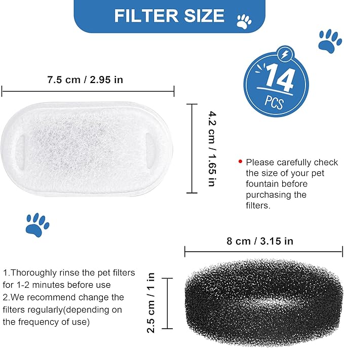 RBAYSALE Cat Water Fountain Replacement Filters - 28 Pack Triple Action With Carbon Filter and Pre-Filter Sponges (14 Filters & 14 Sponges)