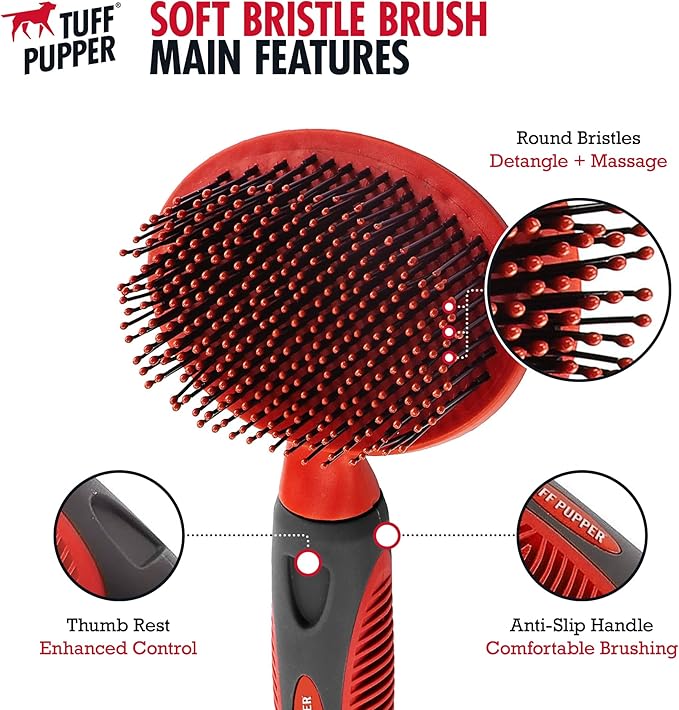 Tuff Pupper Round Bristle Soft Brush for Dogs and Cats | Gentle Grooming for Short or Long Hair | Soft Pin Tool for Sensitive Skin | Detangle & Remove Loose Fur | For Dematting & Detangling Undercoat - AquaVibe