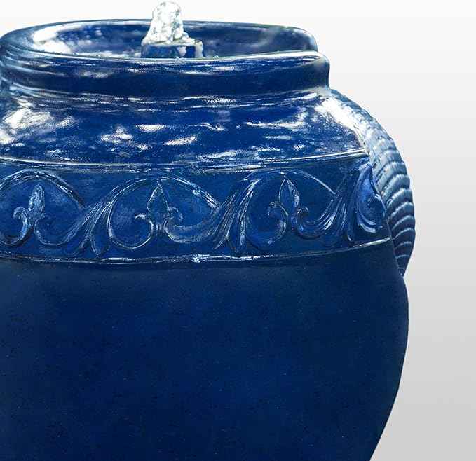 Teamson Home 16.96 in. Outdoor Glazed Pot Water Fountain with LED Lights, Built-in Pump to Create a Calming Oasis in Gardens, Landscaping, Patios, Balconies, Lawns, Royal Blue