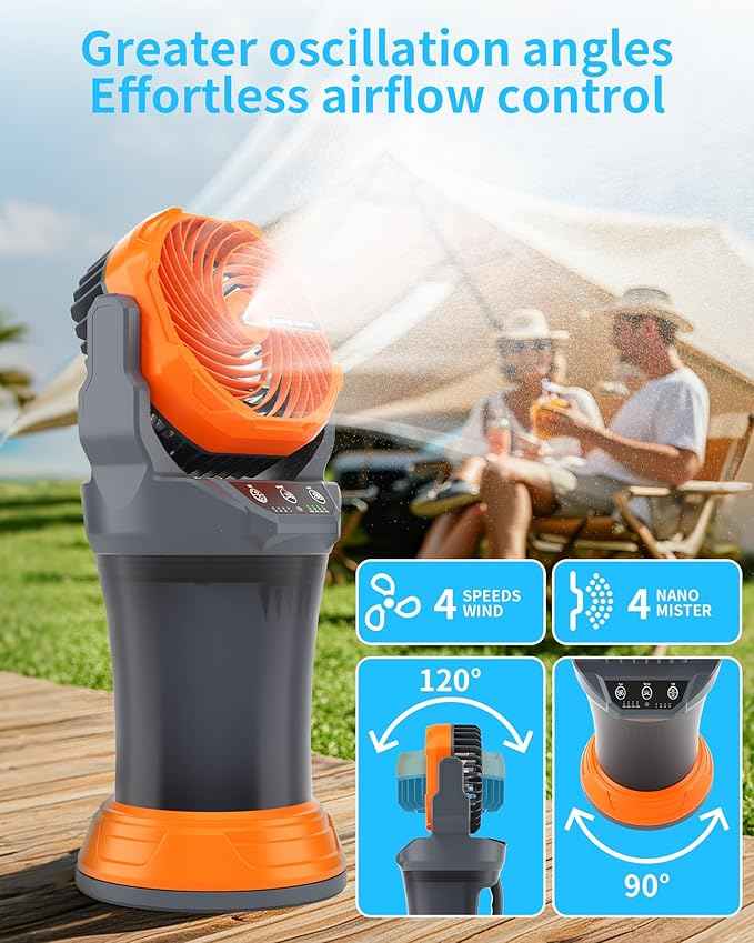 AVV Portable Misting Fan with RGB Ambient Light- 2L Water Tank, 4 Speeds & Spray Mist Fan, 30000mAh Rechargeable Misting Fans for Outdoor/Indoor Fans for Camping, Patio, Garden, Grey-Orange