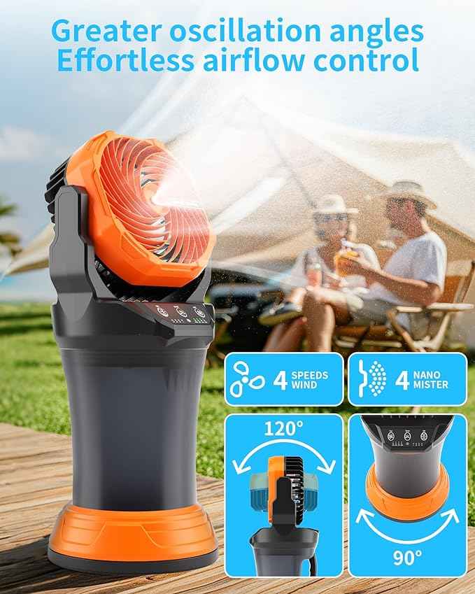 AVV Portable Misting Fan with RGB Ambient Light- 2L Water Tank, 4 Speeds & Spray Mist Fan, 30000mAh Rechargeable Misting Fans for Outdoor/Indoor Fans for Camping, Patio, Garden, Black-Orange