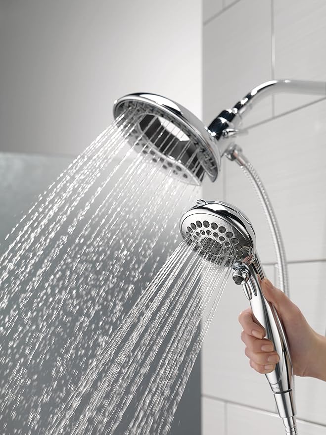 Delta 5-Setting In2ition 2-in-1 Dual Shower Head with HandHeld Spray, Chrome Detachable Shower Head with Hose, Showerhead, 2.5 GPM Flow Rate, Lumicoat Chrome 58569-PR25-PK