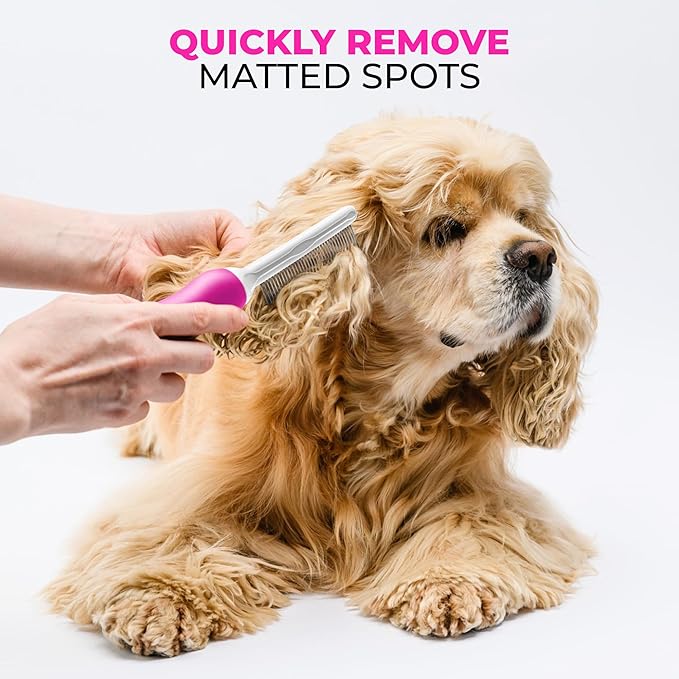 Poodle Pet Detangling Pet Comb with Long & Short Stainless Steel Teeth for Removing Matted Fur, Knots & Tangles – Detangler Tool Accessories for Safe & Gentle DIY Dog & Cat Grooming (Pink) - AquaVibe