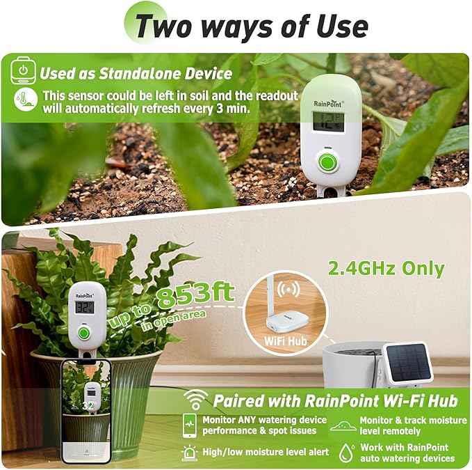 RAINPOINT Smart Digital Wireless Plant Moisture Meter Houseplants Indoor WiFi Hub Kit with Low/High Moisture Alert,Real-time Monitor Hygrometer Sensor Outdoor Gardening Push Notification&Email - AquaVibe