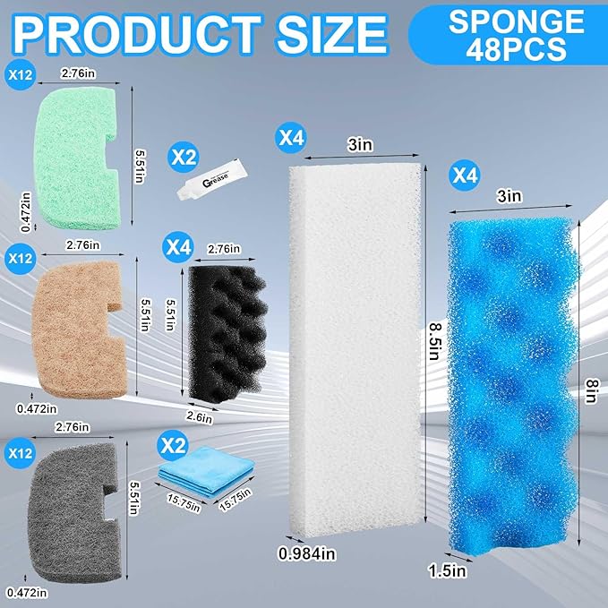 52 Pcs Replacement Filter Media Kit Compatible with Fluval 206/207 Aquarium Filters Include Biological Foams Ammonia Remover Phosphate Pads Nitrite Remover, Towel and Grease - AquaVibe