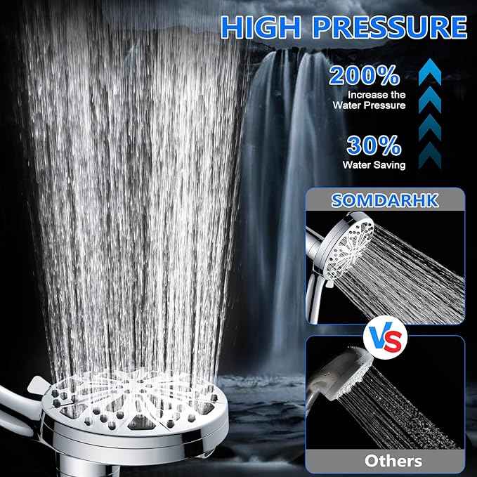 Filtered Handheld Shower Head with Magnetic: SOMDARHK High Pressure Rain Shower Head Filter 10-Spray Modes with Power Wash 72" Hose for Hard Water/Tub Cleaning/Dog Bathing (Chrome)