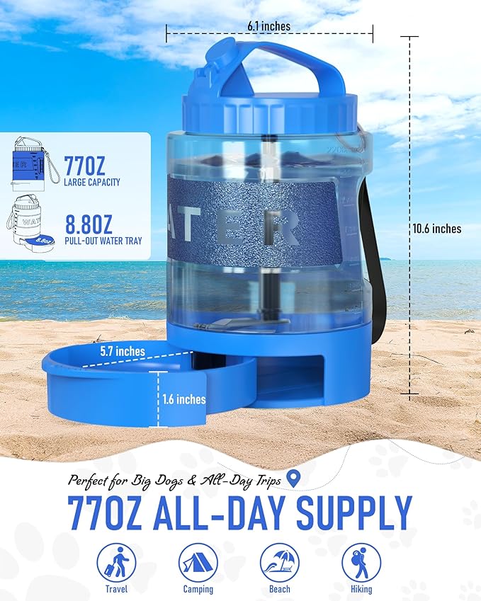 Portable Dog Travel Water Bottle, 77oz Large Dog Water Bowl Dispenser Portable, Leakproof Pet Drinking Bottle Dispenser for Hiking Camping Walking Travelling Beach Car Trips, BPA Free,Blue - AquaVibe
