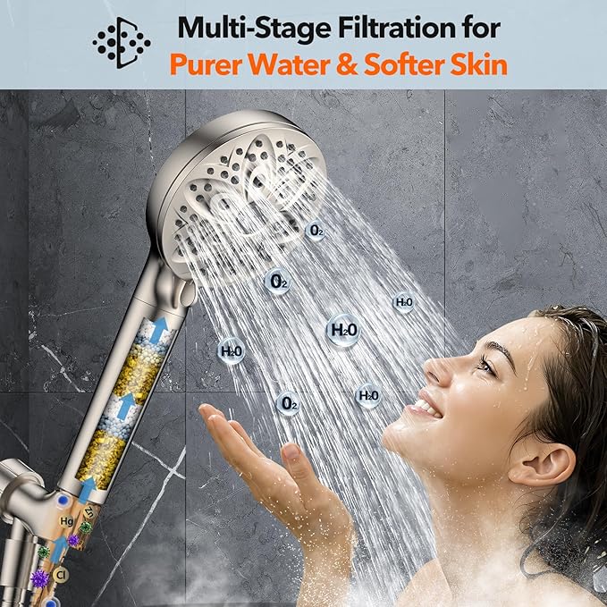 6-Setting Filtered Handheld Shower Head, JDO High Pressure Shower Head with Replaceable Filter Cartridge 4.7 Inch Detachable Showerhead for Chlorine Hard Water Removal 59 Inch Stainless Steel Hose