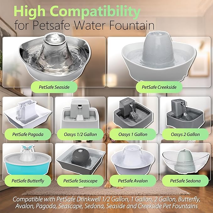 8+8 Pack Cat Water Fountain Replacement Carbon Filter Compatible with PetSafe Drinkwell Ceramic & Stainless Steel Pet Fountains for Cat Dog Water Dispensers with Replacement Foam Filters
