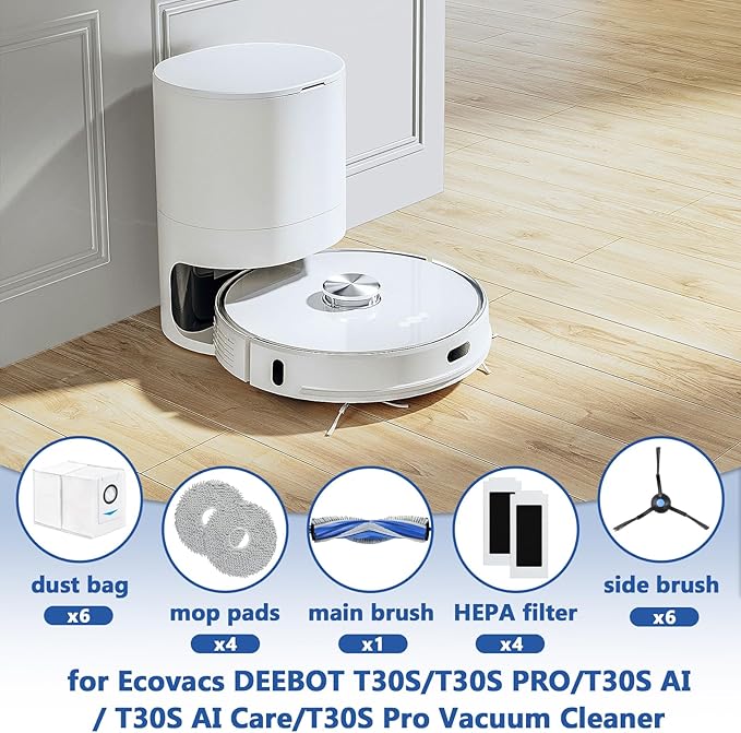 21 Pack T30S Replacement Parts for ECOVACS DEEBOT T30S/T30S Pro Robot Vacuum Accessories Kit, Includes 1 Main Brushes, 4 HEPA Filters, 4 Mop Cloth Pads, 6 Dust Bags, 6 Side Brushes - AquaVibe