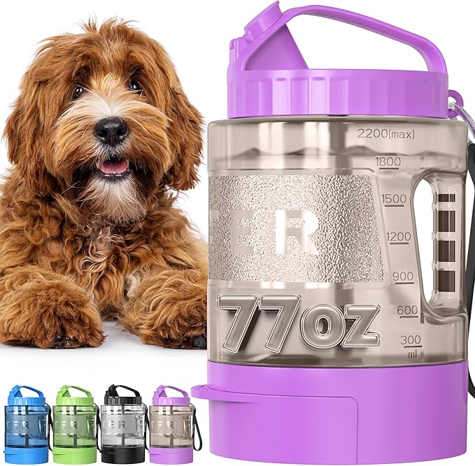 77oz Dog Travel Water Bottle, Large Portable Dog Water Bowl Dispenser, Leakproof Pet Drinking Bottle Dispenser for Hiking Camping Walking Travelling Beach Car Trips, No Spill, BPA Free,Purple - AquaVibe