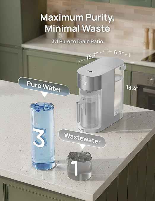 DREO Reverse Osmosis Water Filter Countertop, RO Filtration System, 3:1 Pure to Drain, TDS & Filter Life & 2 Autofill Pitchers, Install-Free, Self-Cleaning Water Purifier, RO Water Filter