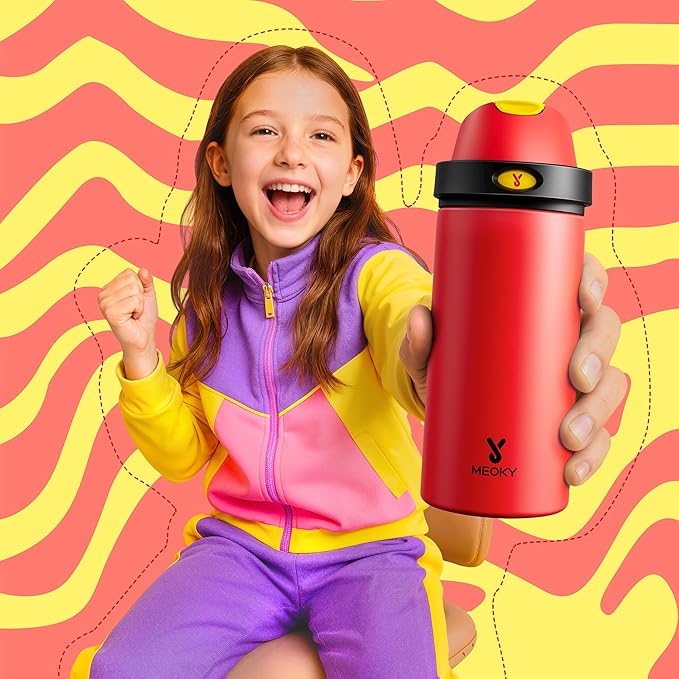 18 oz Kids Water Bottle for Sports: Meoky 18 oz Stainless Steel Insulated Water Bottle with 2-in-1 Straw and Spout Lid - Leak Proof, Cold for 24 Hours, BPA-Free for Teens Boys Girls, Heroic Red