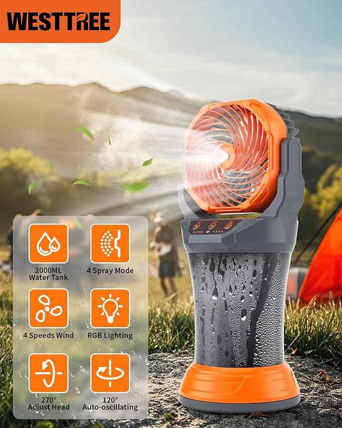 Portable Misting Fan with Larger Battery Fan-Rechargeable Outdoor Misting Cooling Fans with 2L Water Tank,RGB Lights,4 Speeds & Spray Modes-for Patio, Camping, Beach, Workshop (Gray-Orange)