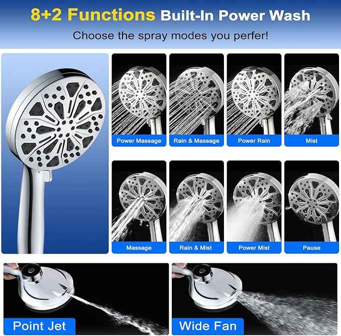 Filtered Handheld Shower Head with Magnetic: SOMDARHK High Pressure Rain Shower Head Filter 10-Spray Modes with Power Wash 72" Hose for Hard Water/Tub Cleaning/Dog Bathing (Chrome)