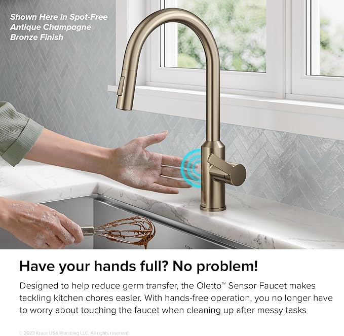 KRAUS Oletto Touchless Sensor Pull-Down Single Handle Kitchen Faucet in Spot-Free Antique Champagne Bronze, KSF-2830SFACB