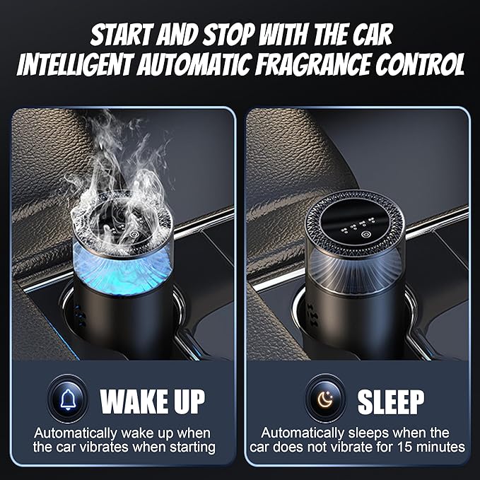 Smart Car Air Freshener, Car Air Freshener Diffuser with Ambient Light, Auto On/Off Intelligent Car Diffuser, 3 Mode Adjustable, Cars Scent Diffuser with 2 Essential Oil Box, Ice Cedar