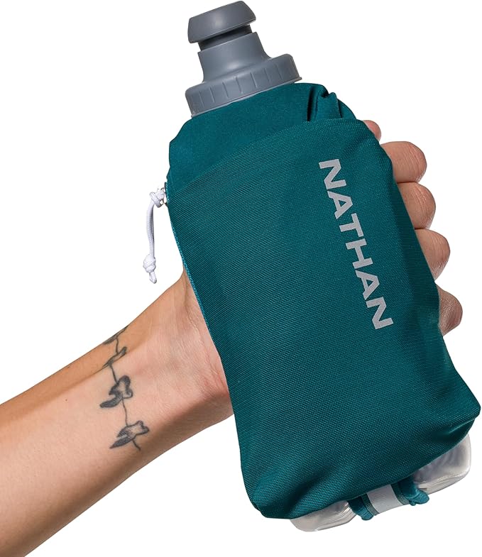 Nathan SpeedDraw 2 Insulated Handheld Running Water Bottle Flask 18oz – Double-Wall Insulation, Ergonomic Grip, Blast Valve Cap, Phone & Key Storage Pockets, Reflective Design