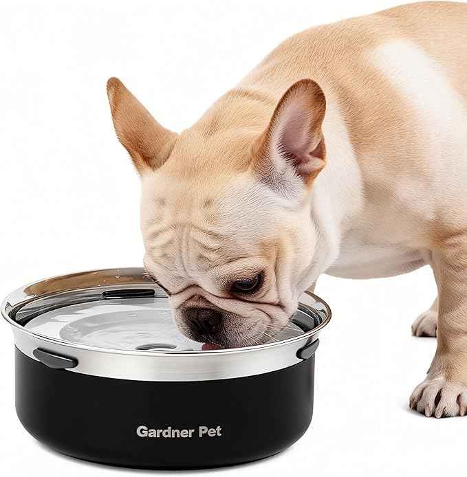 Gardner Pet Slow Water Bowl for Dogs, 2L/68oz Spill-Proof Pet Water Bowl with Floating Disk & Filter Screen, Stainless Steel No-Spill Water Dispenser for Medium Pets